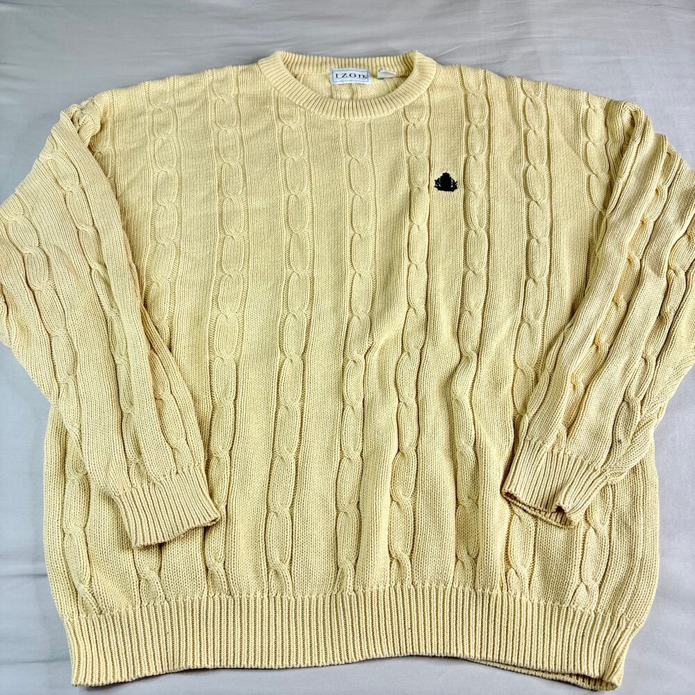 Vintage IZOD Cable Knit Sweater Butter Yellow 100% Cotton XL
